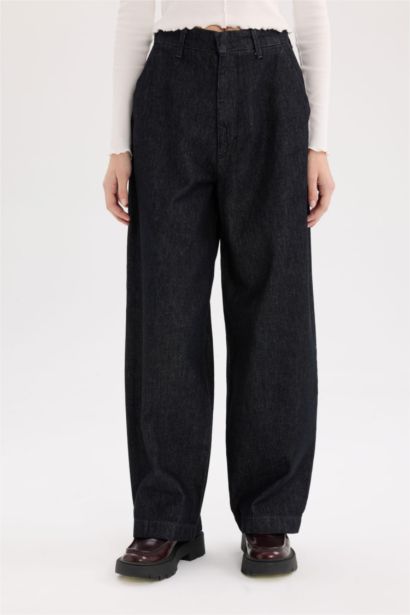 بنطلون جينز باجي فيت طويل بخصر عالي