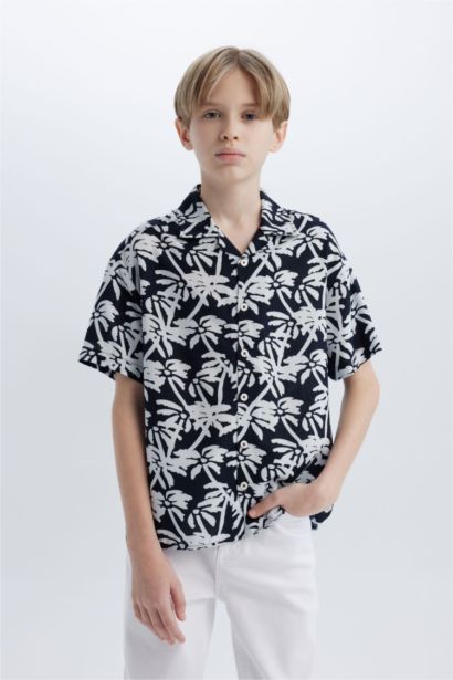 Boy Oversize Fit Polo Neck Patterned Short Sleeve Shirt