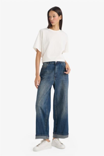 %100 Pamuk Baggy Fıt Yüksek Bel Katlamalı Paça Uzun Jean Pantolon