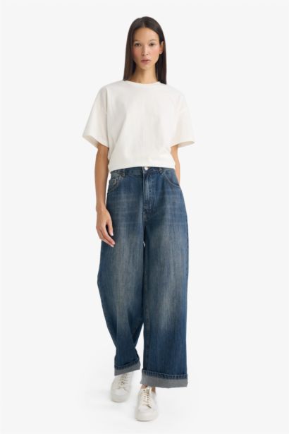 %100 Pamuk Baggy Fıt Yüksek Bel Katlamalı Paça Uzun Jean Pantolon