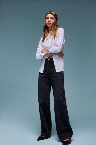 Straıght Wıde Yüksek Bel Uzun Jean Yıkamalı Pantolon