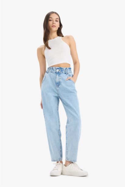 Paperbag Elastic Waist Ankle Length Washed Jeans