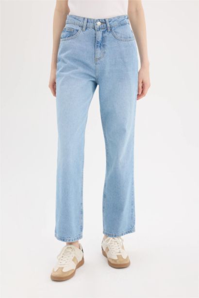 Straight Fit Yüksek Bel Bilek Boy Jean Yıkamalı Pantolon