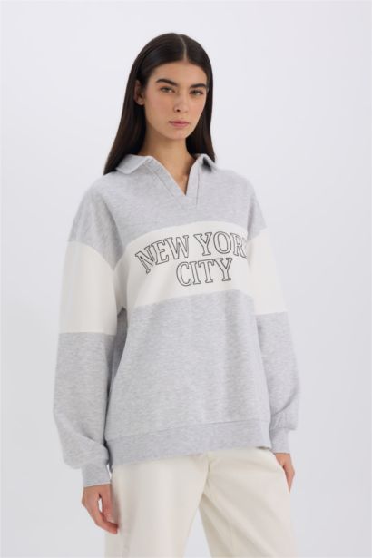 Relax Fit Polo Yaka Baskılı Kalın Sweatshirt