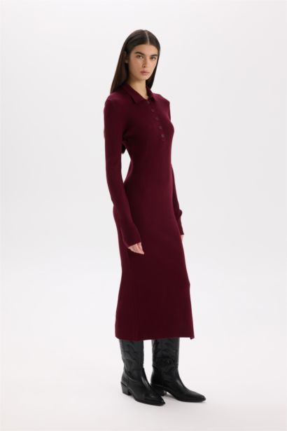 Fitted Polo Yaka Basic Düz Yırtmaçlı Uzun Kollu Triko Bordo Elbise