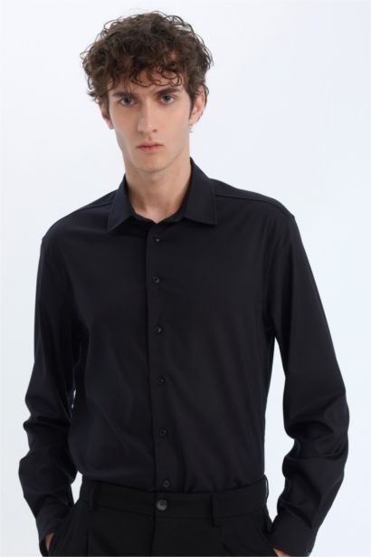 Regular Fit Polo Yaka Uzun Kollu Siyah Gömlek