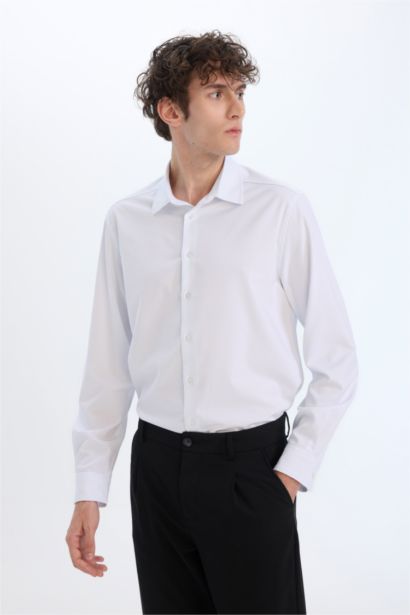 Regular Fit Polo Yaka Uzun Kollu Beyaz Gömlek