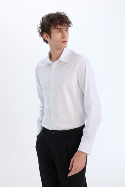 Regular Fit Polo Yaka Uzun Kollu Beyaz Gömlek