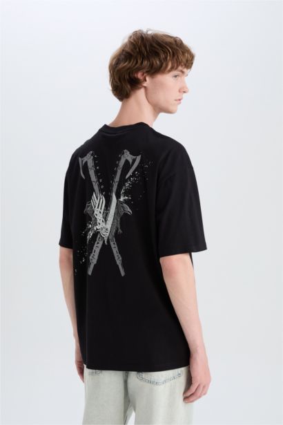 %100 Pamuk Vikings Valhalla Boxy Fit Bisiklet Yaka Sırt Baskılı Kısa Kollu Tişört