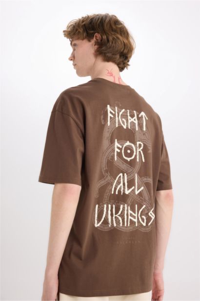 %100 Pamuk Vikings Valhalla Boxy Fit Bisiklet Yaka Sırt Baskılı Kısa Kollu Tişört