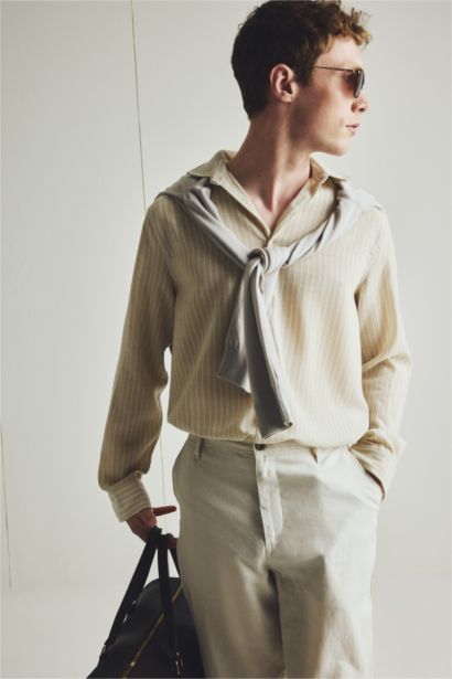 Regular Fit Polo Yaka Keten Görünümlü Uzun Kollu Gömlek