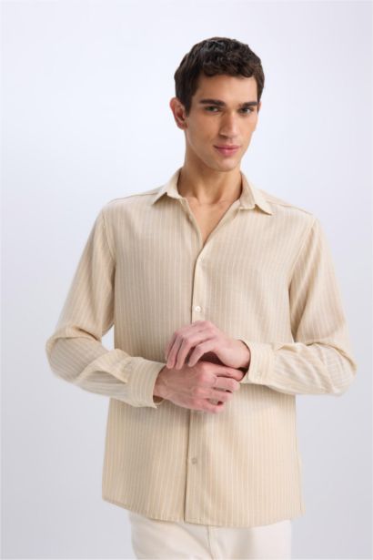 Regular Fit Polo Yaka Keten Görünümlü Uzun Kollu Gömlek