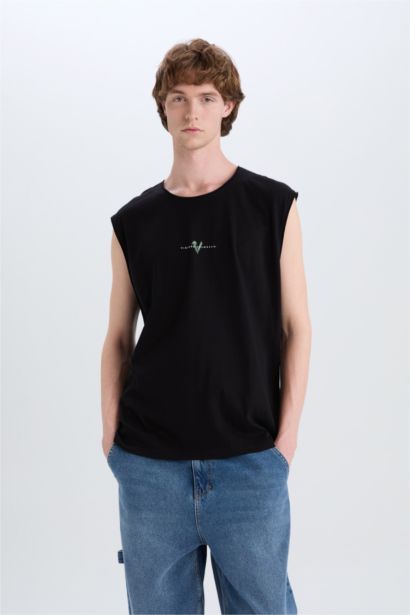 تانك توب قطن أوفر سايز برقبة مستديرة مطبوع أسود