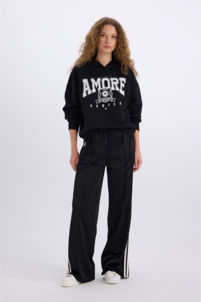 Loose Fit Kapüşonlu Baskılı Kalın Sweatshirt