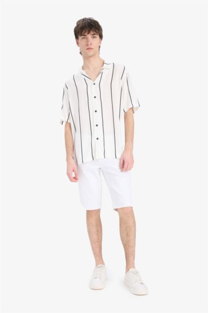 قميص مخطط نص كم قصة عادية بياقة جاكيت