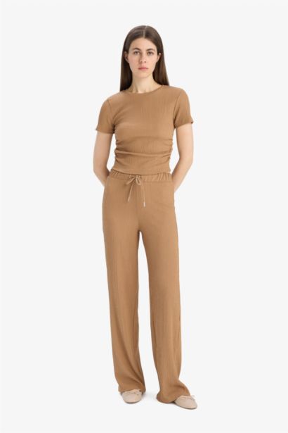 Straight Fit Beli Lastikli Cepli Bürümcük Pantolon