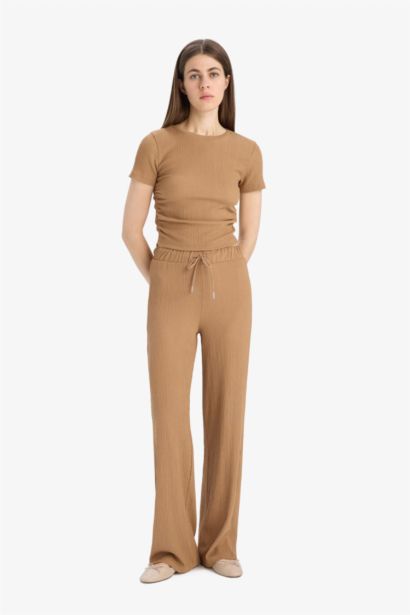 Straight Fit Beli Lastikli Cepli Bürümcük Pantolon