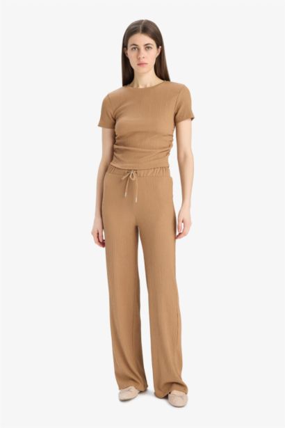 Straight Fit Beli Lastikli Cepli Bürümcük Pantolon