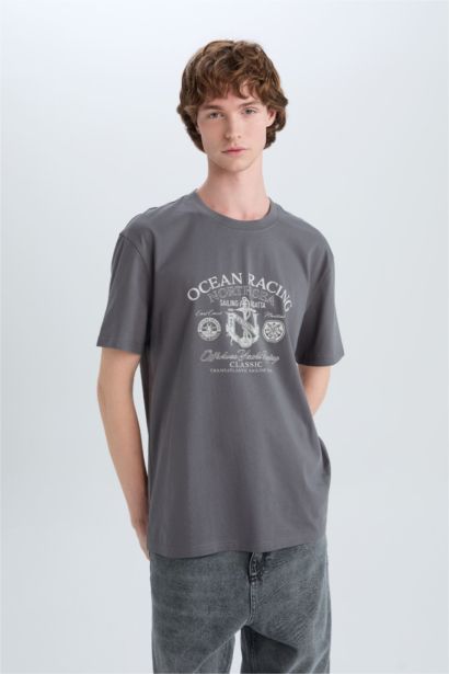 تيشيرت قطن قصة عادية برقبة مستديرة