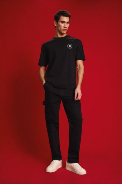 %100 Pamuk Relax Fit Rahat Kalıp Normal Bel Geniş Paça Kargo Cepli Siyah Jean Pantolon