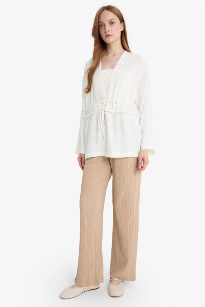 بنطلون منسوج قصة مريحة بيج حجري