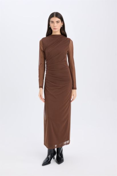Bodycon Half Turtleneck Tulle Maxi Dress