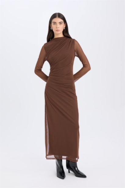 Bodycon Half Turtleneck Tulle Maxi Dress