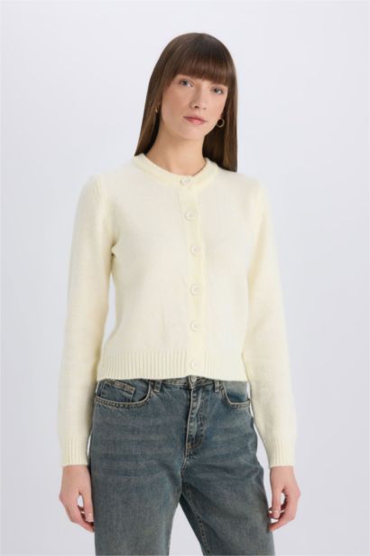 Regular Fit Crew Neck Basic Button Knitwear Cardigan