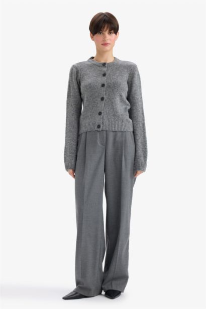 كارديجان تريكو ناعم أساسي بأزرار وياقة مستديرة قصة عادية