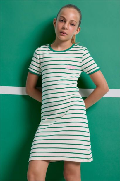 Robe rayée côtelée à col rond et manches courtes pour fille