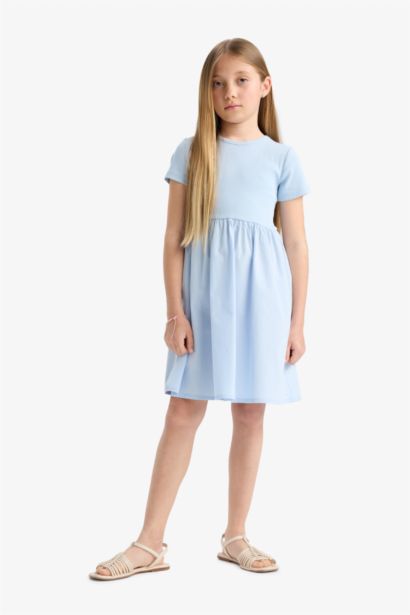 Girl Crew Neck Corduroy Short Sleeve Dress