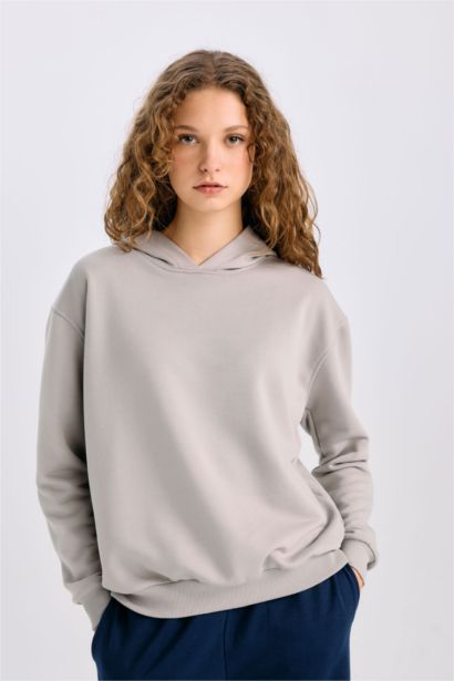 Loose Fit Kapüşonlu Basıc Kalın Kumaş Sweatshirt