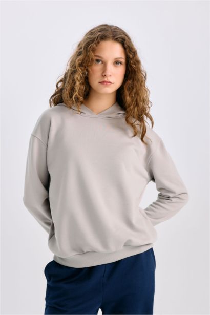 Loose Fit Kapüşonlu Basıc Kalın Kumaş Sweatshirt