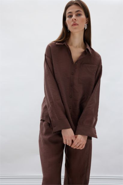 Oversize Geniş Kalıp Cepli Modal Uzun Kollu Gömlek