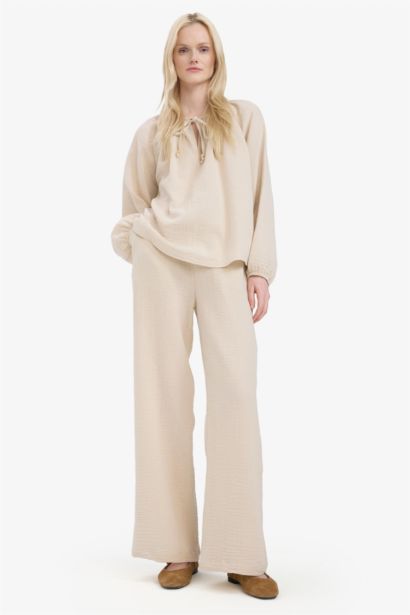 %100 Pamuk Wide Leg Müslin Kumaş Palazzo Pantolon