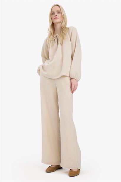 %100 Pamuk Wide Leg Müslin Kumaş Palazzo Pantolon