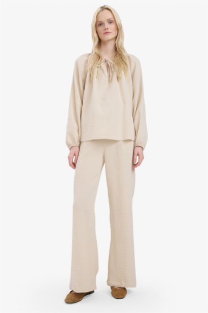 %100 Pamuk Wide Leg Müslin Kumaş Palazzo Pantolon