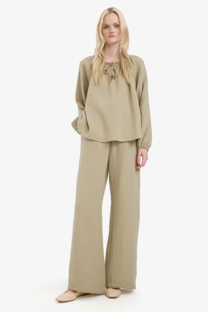 %100 Pamuk Wide Leg Müslin Kumaş Palazzo Pantolon