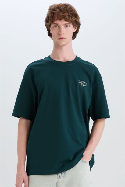 %100 Pamuk Boxy Fit Bisiklet Yaka Sırt Baskılı Kısa Kollu Tişört