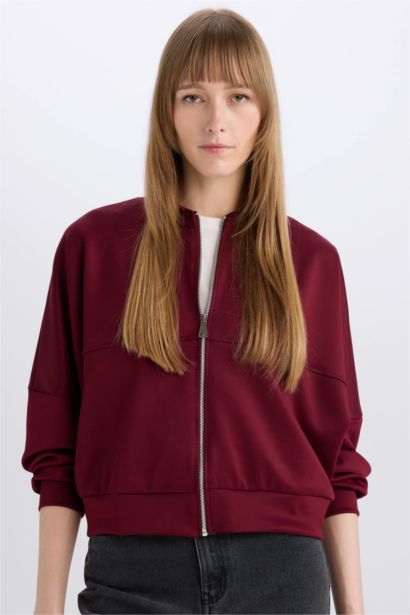 Regular Fit Kolej Yaka Fermuarlı Cepli Basic Düz Bomber Hırka