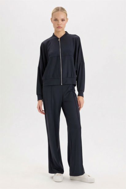 Kolej Yaka Fermuarlı Cepli Basic Düz Bomber Hırka