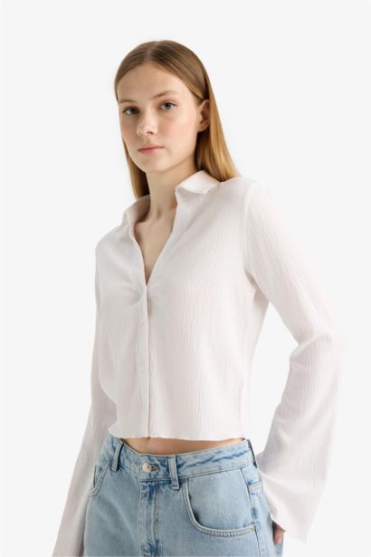 Fitted Shirt Collar Crepe Long Sleeve Shirt