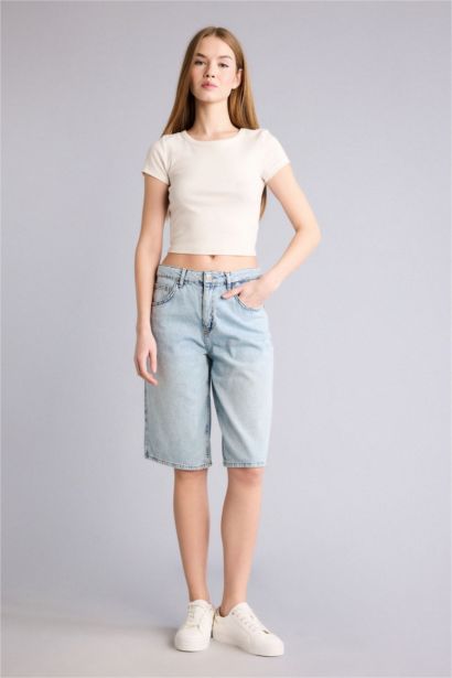 %100 Pamuk Yüksek Bel Jean Bermuda Şort
