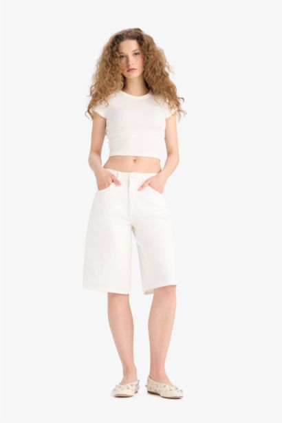 %100 Pamuk Yüksek Bel Beyaz Jean Bermuda Şort