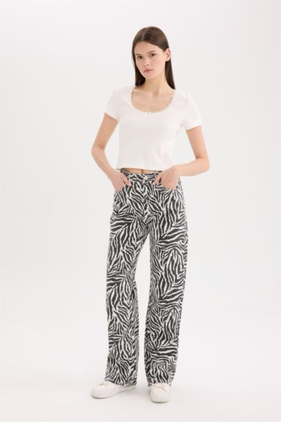 Straight Fit Zebra Desenli Gabardine Trousers