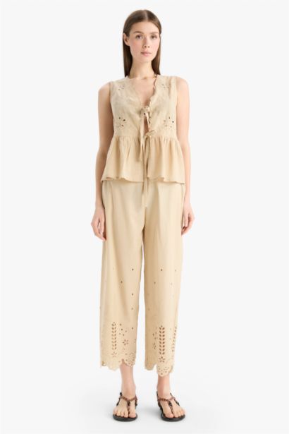 Fall in Love Regular Fit Embroidered Tie Front Beach Top