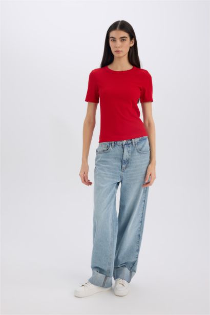 Slim Fit Crew Neck Basic Corduroy T-Shirt