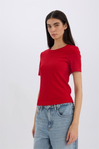 Slim Fit Crew Neck Basic Corduroy T-Shirt