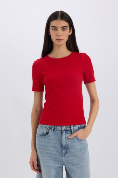 Slim Fit Crew Neck Basic Corduroy T-Shirt