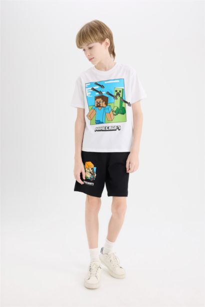 2'li Takım Minecraft Kısa Kollu Tişört Beli Lastikli Şort Alt Erkek Çocuk